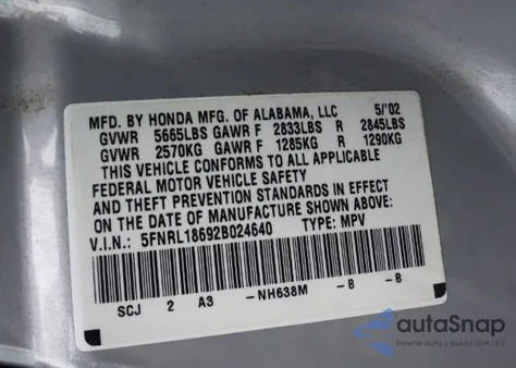 2002 Honda Odyssey (U.s.) Ex z USA, uszkodzony, nr VIN 5FNRL18692B024640